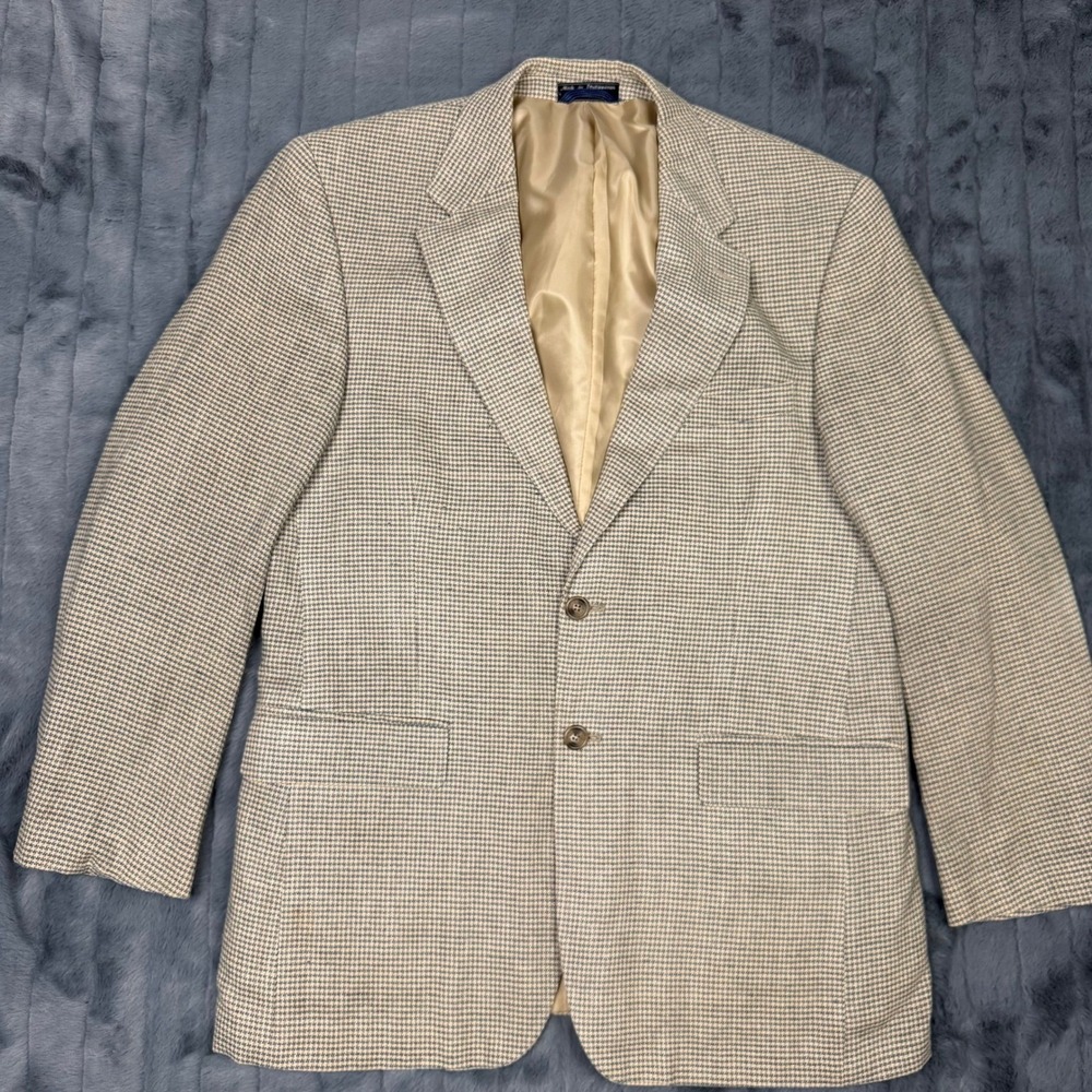 Haspel Mens 100% Silk Blazer Houndstooth Tan Blue Sport Coat 2 Button Jacket 44